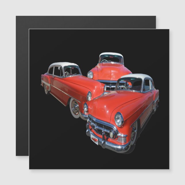 Carte Magnétique Trois Voitures Classiques Rouge Et Blanc Vintage, (Devant / Derrière)