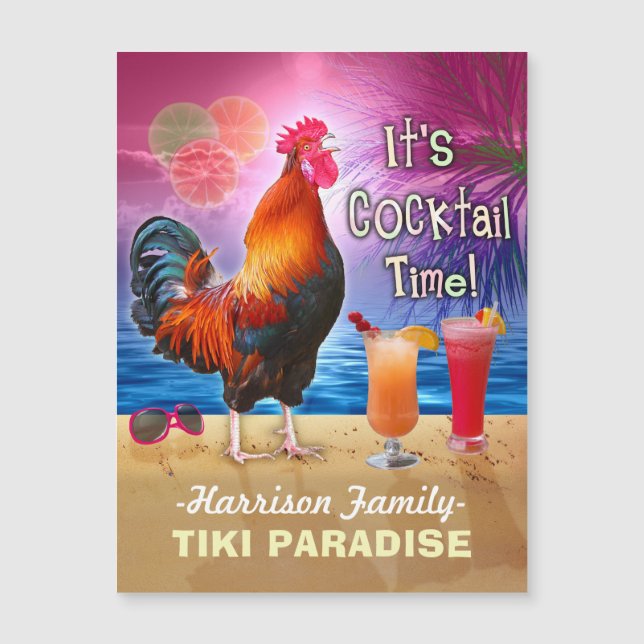 Carte Magnétique Tropical Beach Cocktail Bar Drôle Rooster Poulet (Devant)