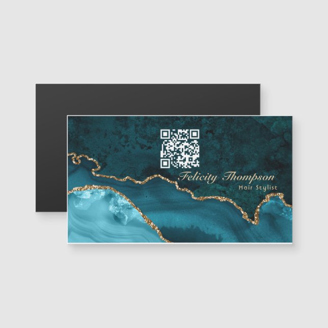 Carte Magnétique Turquoise - Agate sarcelle et or Code QR (Devant / Derrière)