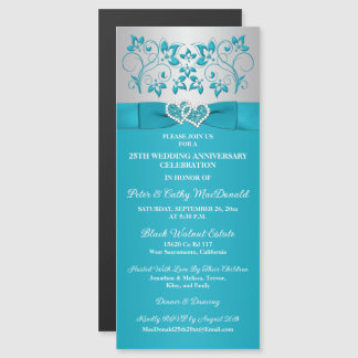 Carte Magnétique Turquoise, Floral Argent 25e Anniversaire