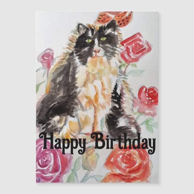 Carte Magnétique Tuxedo Chat Cute Rose Fleurs Chats Aquarelle Rose (Devant)