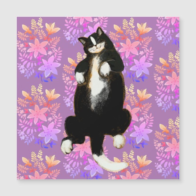 Carte Magnétique Tuxedo chat Dormir sur le lit à fleurs (Devant)