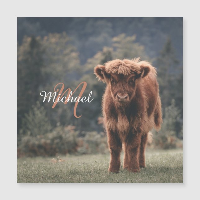 Carte Magnétique Vache de Highland calvaire herbe d'automne monogra (Devant)