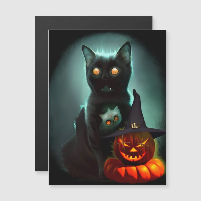 Carte Magnétique Vampire Chat et Assistant Citrouille Halloween Sur (Devant / Derrière)