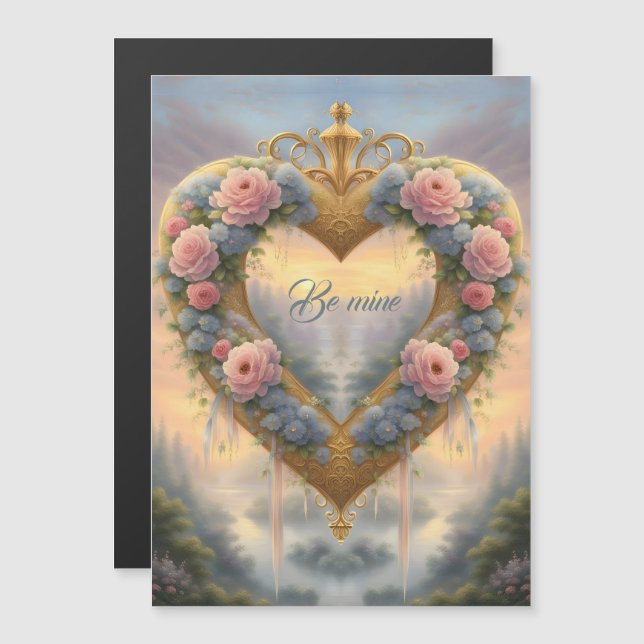 Carte Magnétique Victorien, coeur doré avec des fleurs et dire (Devant / Derrière)