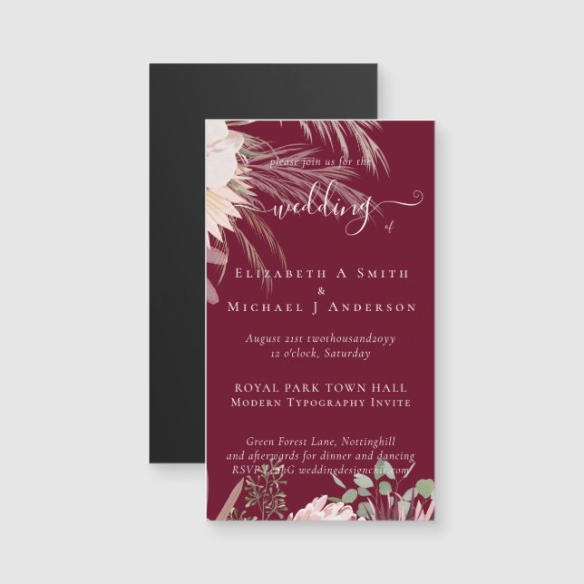 Carte Magnétique Vin de Bourgogne Pampas Grass Mariage Tropical (Devant / Derrière)