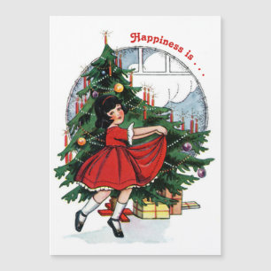 Carte Magnétique Vintage fille dansant autour de l'arbre de Noël