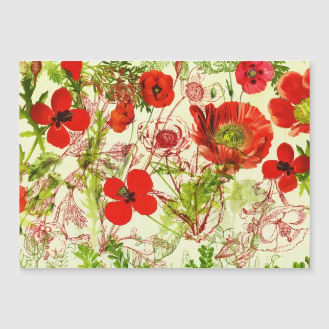 Carte Magnétique Vintage Red Green Poppies Fleurs sauvages d'été (Devant)