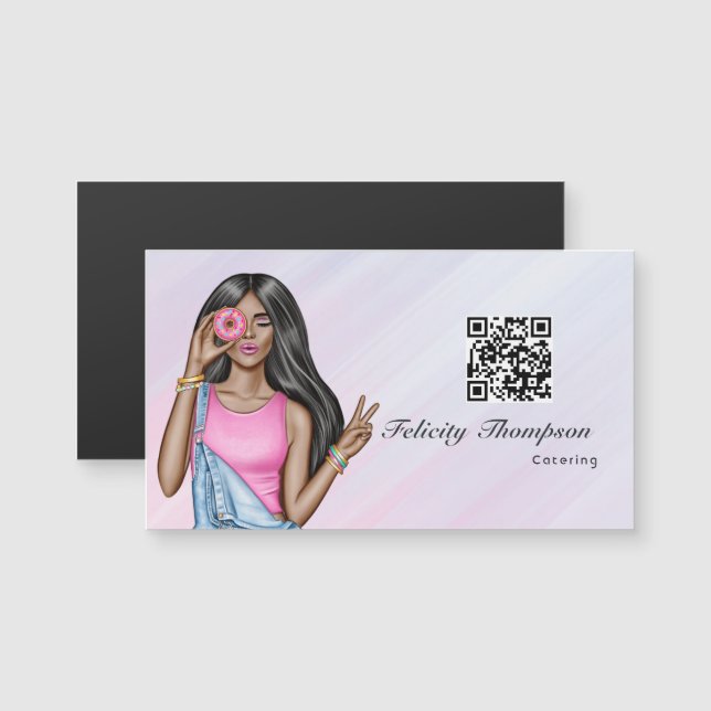 Carte Magnétique Whimsical Donut Lady Food Catering QR Code (Devant / Derrière)