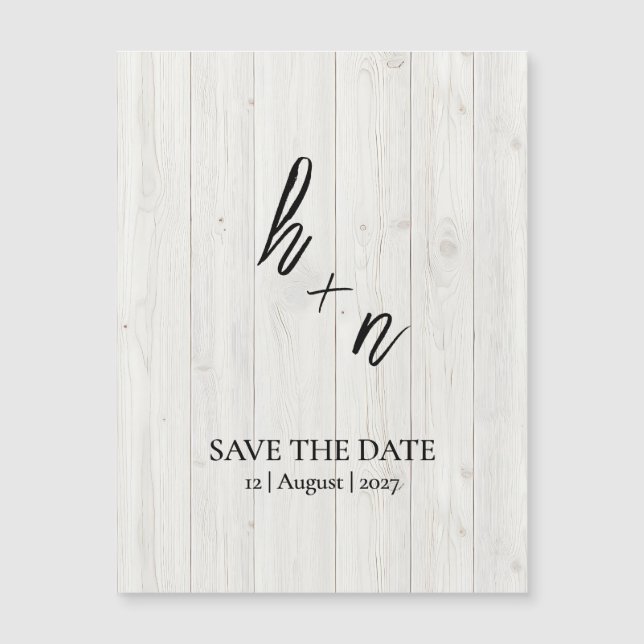 Carte Magnétique White Wood Save the Date Minimalistic Initials (Devant)