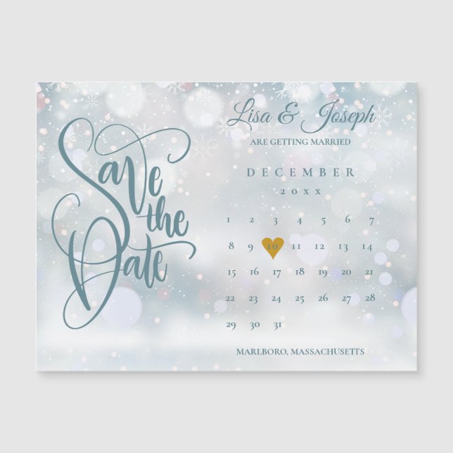 Carte Magnétique Winter Gold Heart Calendrier Enregistrer la date (Devant)