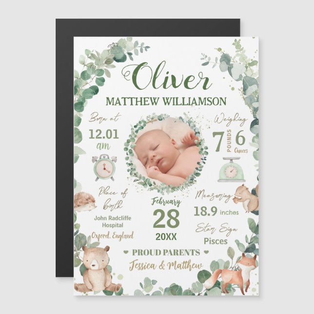 Carte Magnétique Woodland Animals Baby Birth Statistiques Annonce (Devant / Derrière)