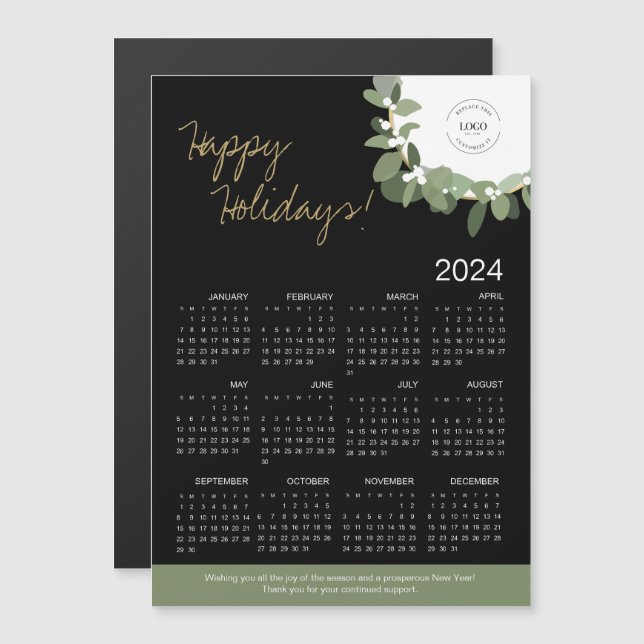 Carte Magnétique Wreath Gold moderne noir Votre logo 2024 Calendrie (Devant / Derrière)