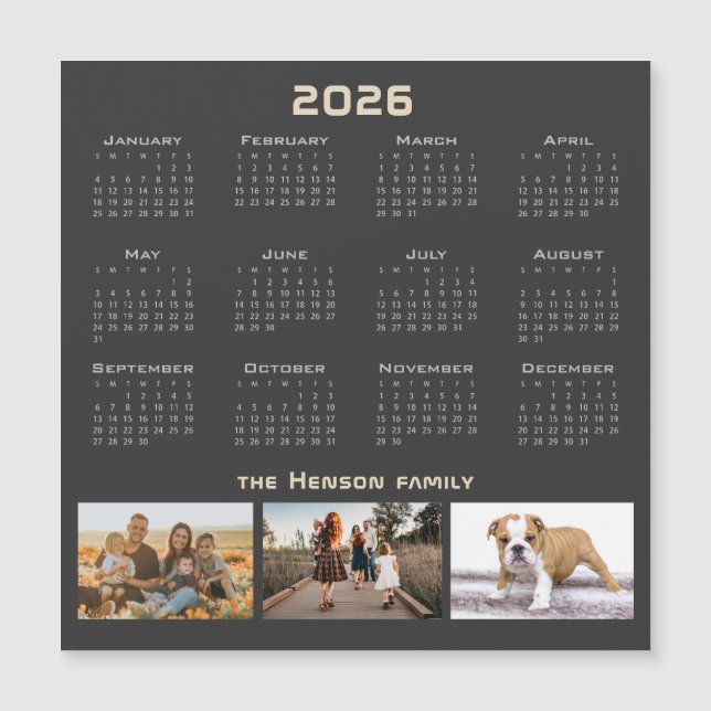 Carte Magnétique Year 2026 Calendar 3 Family Photo Collage  (Devant)