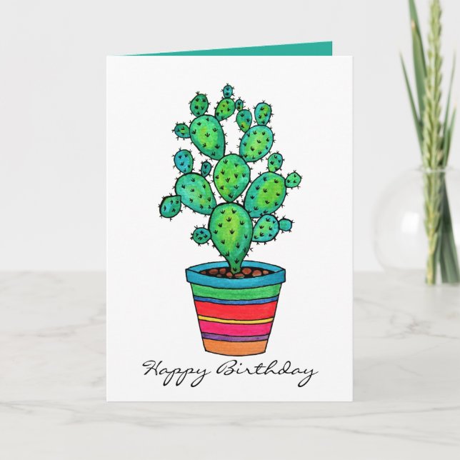 Carte Magnifique Cactus Aquarelle En Beau Pot (Devant)