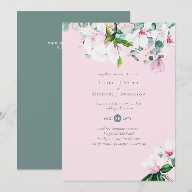 Carte Magnolia rose pâle Mariage (Devant / Derrière)