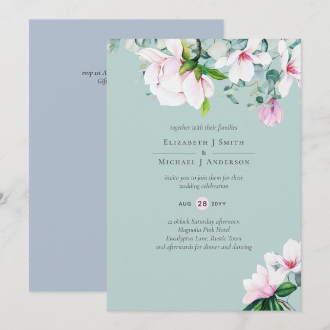 Carte Magnolias rose Sage Eucalyptus Dusty Mariage bleu (Devant / Derrière)