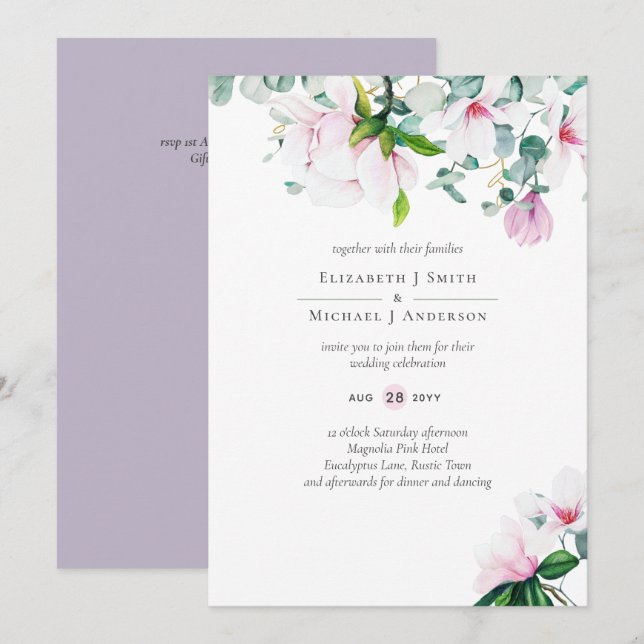 Carte Magnolias rose Sage Eucalyptus Lavender Mariage (Devant / Derrière)