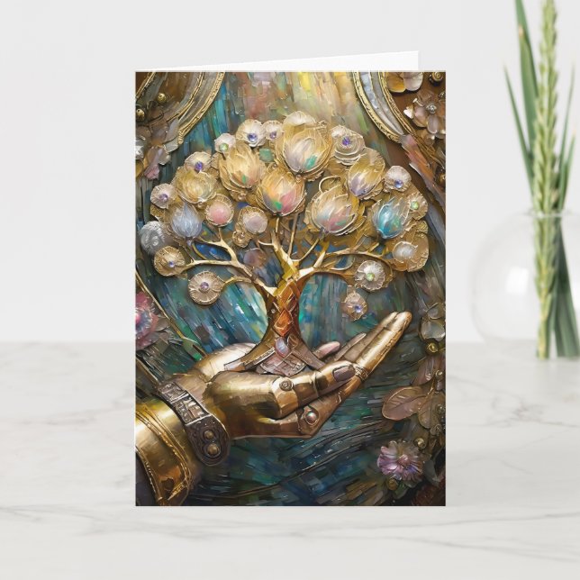 Carte Main Robot D'Or Tenant Arbre De Vie D'Or (Devant)