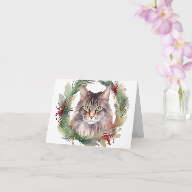 Carte Maine Coon Chat Noël Wreath Festive Kitten (Orchidée)