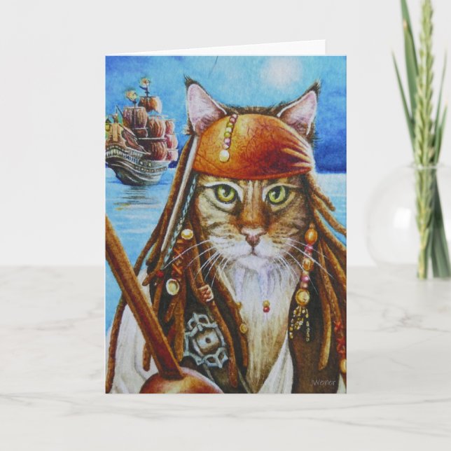 Carte Maine Coon Pirate Chat Jack et bateau Aquarelle Ar (Devant)