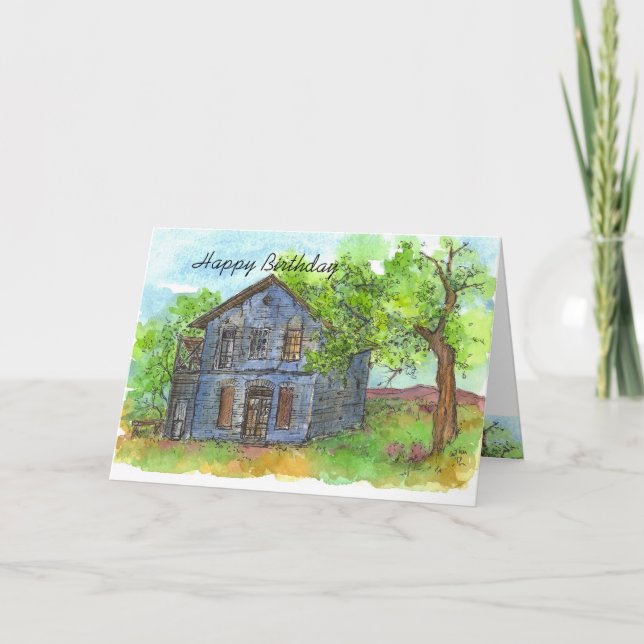 Carte Maison de la grange Bleue Joyeux Anniversaire Pays (Devant)