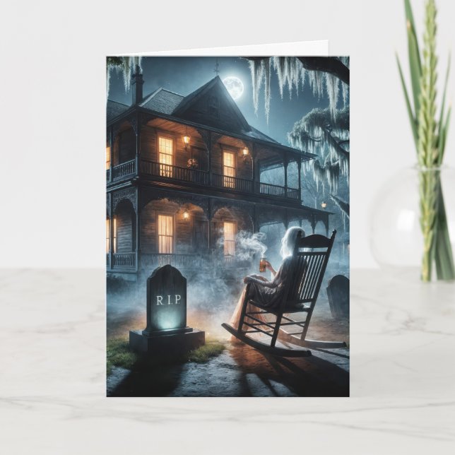 Carte Maison Hantée D'Halloween Avec Pierre De Tombeau (Devant)