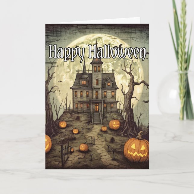 Carte Maison hantée d'Halloween Éffrayante vintage (Devant)