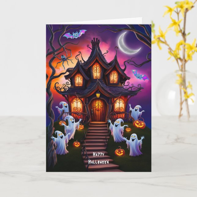 Carte Maison Hantée éffrayante Halloween Scène de nuit (Fleur jaune)
