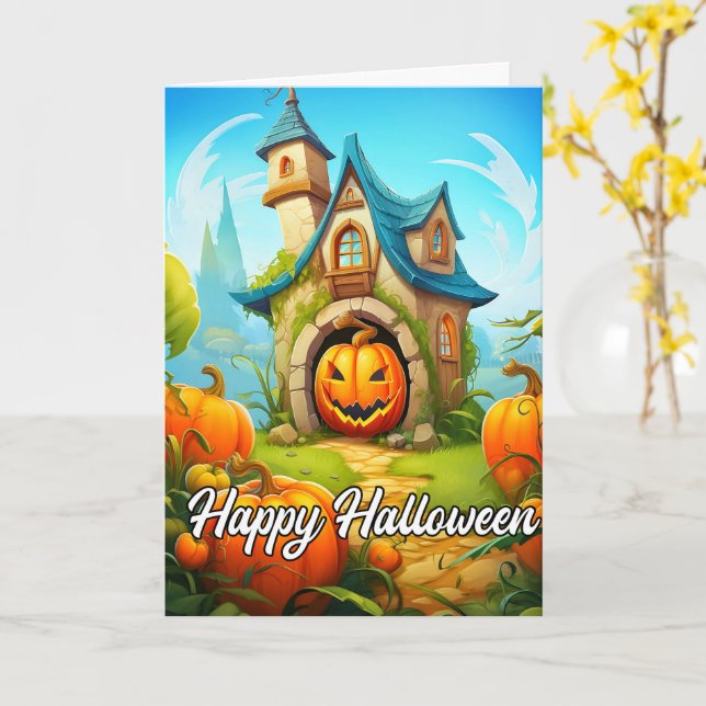 Carte Maison Hantée Festive | Bonne Halloween (Fleur jaune)