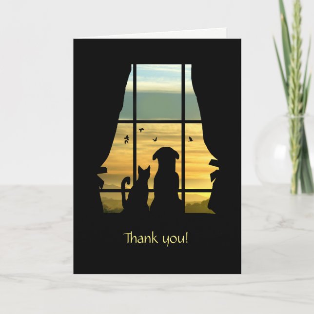 Carte Maison Merci assise avec chien et chat (Devant)