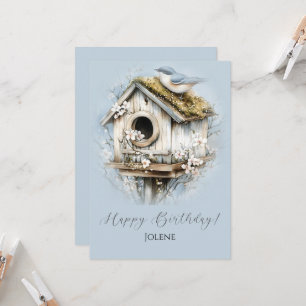 Carte Maisonnette pour oiseaux patinée et Joyeux Anniver