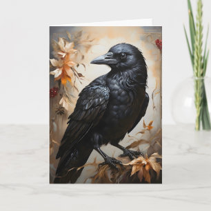 Carte Majestic Black Raven Portrait Fleurs Lune Blank