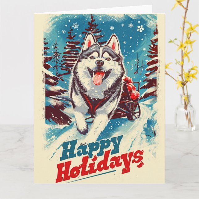 Carte Malamute d'Alaska à Noël de neige (Fleur jaune)