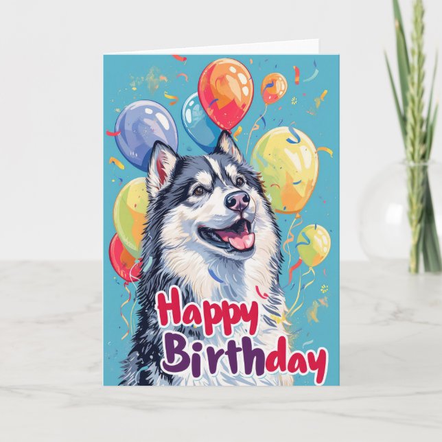 Carte Malamute d'Alaska avec ballons Anniversaire (Devant)