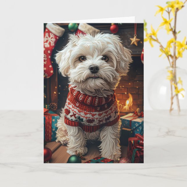 Carte Malti Tzu Chien Avec Cheminée Cadeaux De Noël (Fleur jaune)