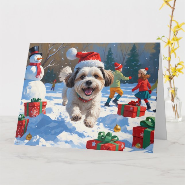 Carte Malti Tzu coule en neige avec le Casquette de Noël (Fleur jaune)