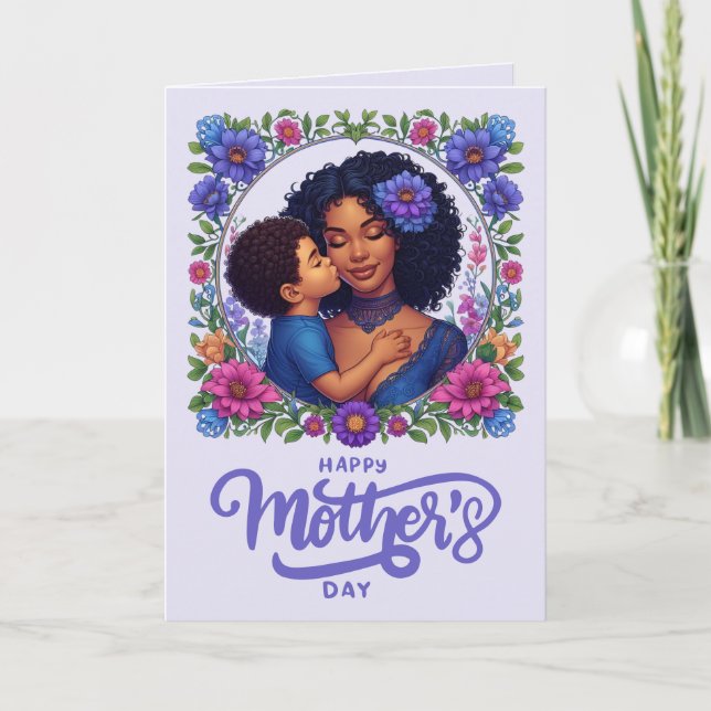 Carte Maman afro-américaine et fils Bonne fête des mères (Devant)