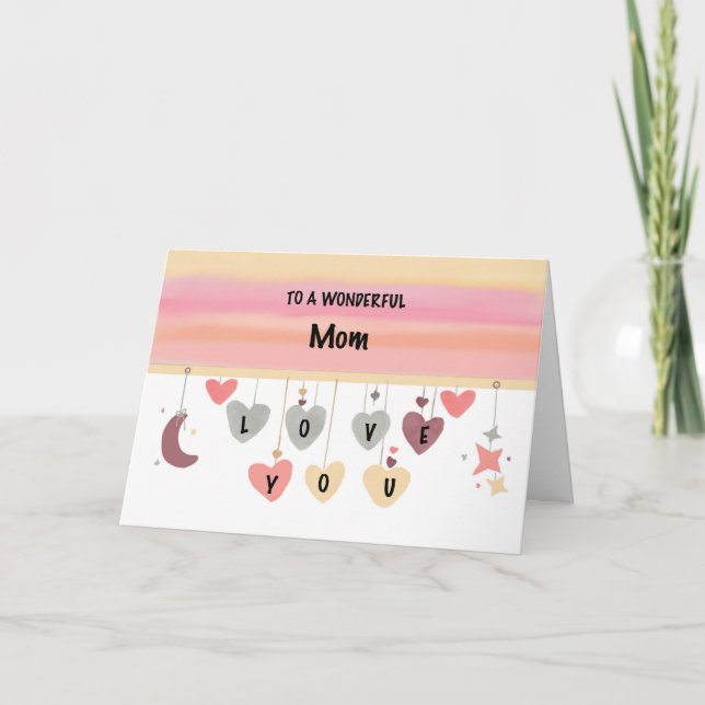 Carte Maman Anniversaire Amour Aquarelle Coeurs Lune Éto (Devant)