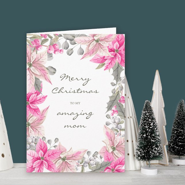 Carte Maman Hiver Floral rose Poinsettia Noël (Mom Christmas Card. Buy professionally printed or as printable digital download.)
