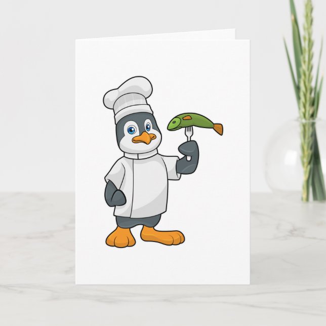 Carte Manchot cuisinier avec poisson et tablier de cuisi (Devant)