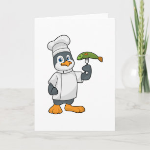Carte Manchot cuisinier avec poisson et tablier de cuisi