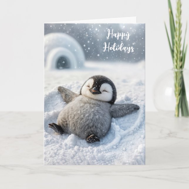 Carte Manchot de Noël poussin faisant un ange de neige (Devant)