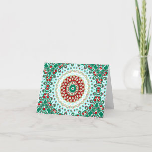 Carte Mandala de Noël en rouge, vert et bleu givré