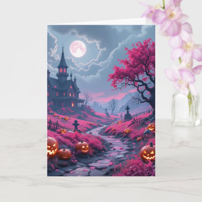 Carte Manoir creepy fuchsia d'Halloween (Orchidée)