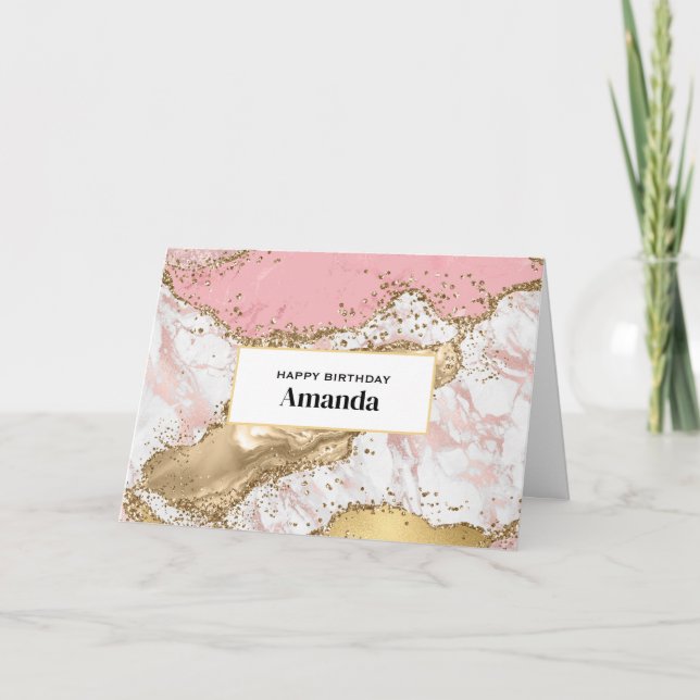 Carte Marbre rose or Rose de luxe Design Anniversaire (Devant)