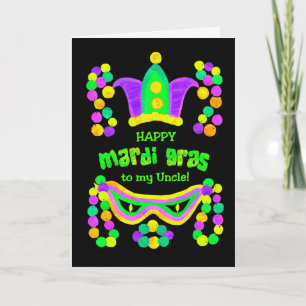 Carte Mardi Gras brillante pour oncle sur noir