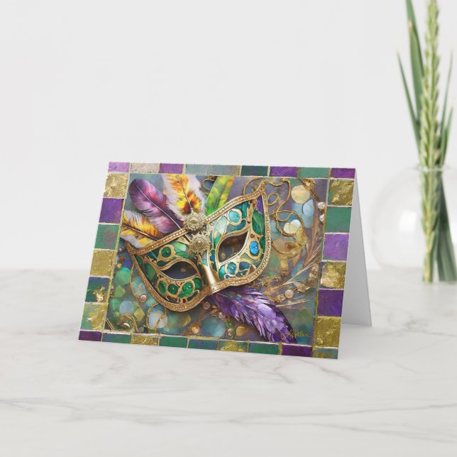 Carte Mardi Gras Masque de plumes vert et doré (Devant)