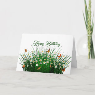 Carte Marguerite Vert Herbe Orange Papillons Anniversair