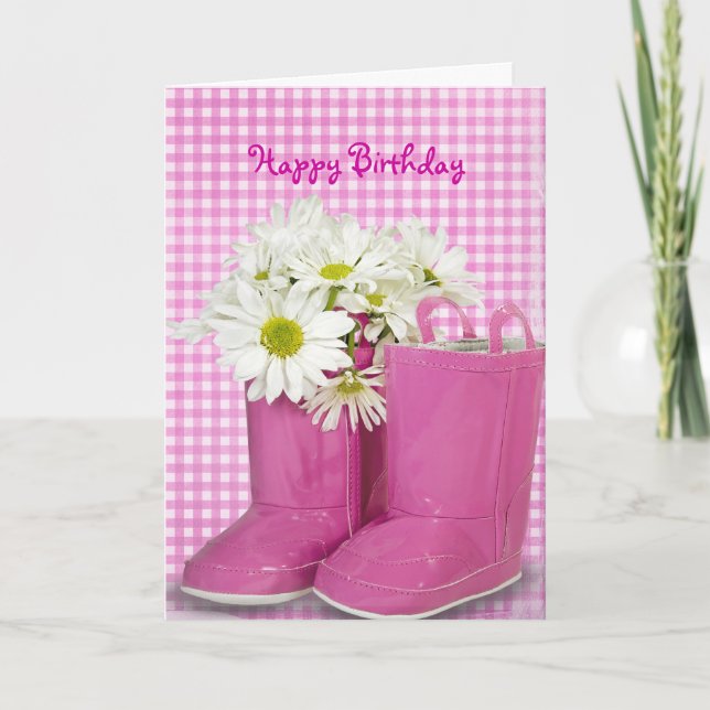 Carte marguerites d'anniversaire en bottes roses (Devant)